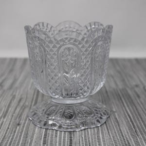 Vintage Avon by Fostoria Clear Pressed Glass Floral Candle Holder - Avon Embossed Flower Candle Holder - Footed Votive Candle Holder