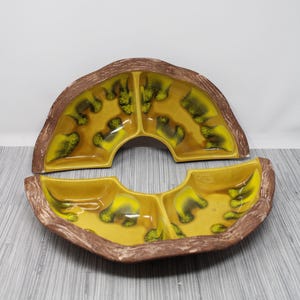 vintage California Pottery Sequoia Ware - Plat à casse-croûte divisé en 2 pièces - California Pottery 657 - Émaillé jaune et vert