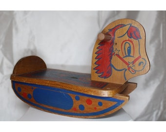 Vintage 1950's Wooden Red and Blue Painted "Muffin" Small Child's Rocking Horse Toy