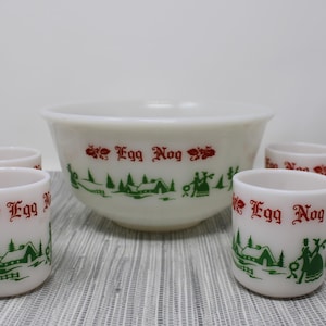 1950&#39;s Vintage Hazel Atlas Milk Glass Punch Bowl Eggnog Bowl and Mugs Set - Egg Nog Bowl with Six Matching Mugs