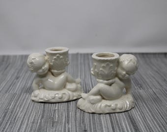 Vintage 1970's Ivory Cherub Taper Candle Holder Pair - Slip Cast Ceramic Angel Candle Holders