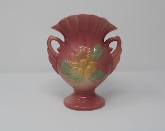 Vintage Hull U. S. A. Pottery Double Handle Pink and Yellow Magnolia Flower Vase