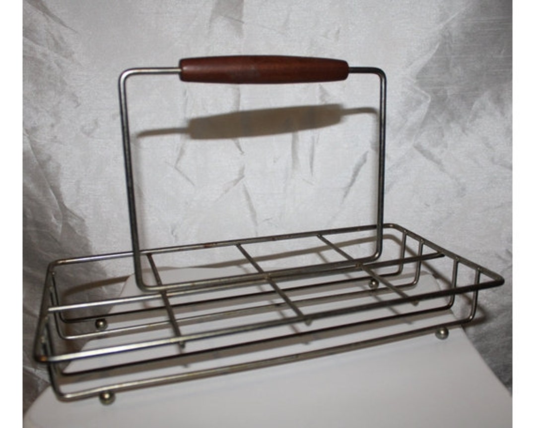 Vintage Glass Caddy MCM Drink Caddy Glass Rack Metal With Wooden Handle