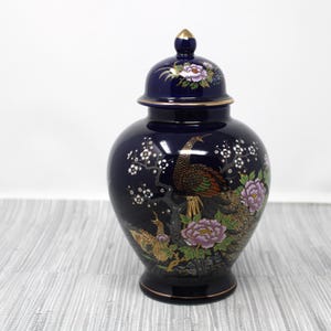 Vintage 8&quot; Asian Cobalt Blue Ginger Jar Urn with Lid - Peacock, Cherry Blossoms, and Chrysanthemums - Gold Detail - Made in Japan