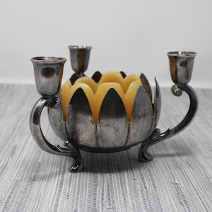Vintage Silver Plate Lotus Flower Candelabra Centerpiece - Candle Holder with or Trinket Dish with 3 Taper Candle Holders - Made in Italy