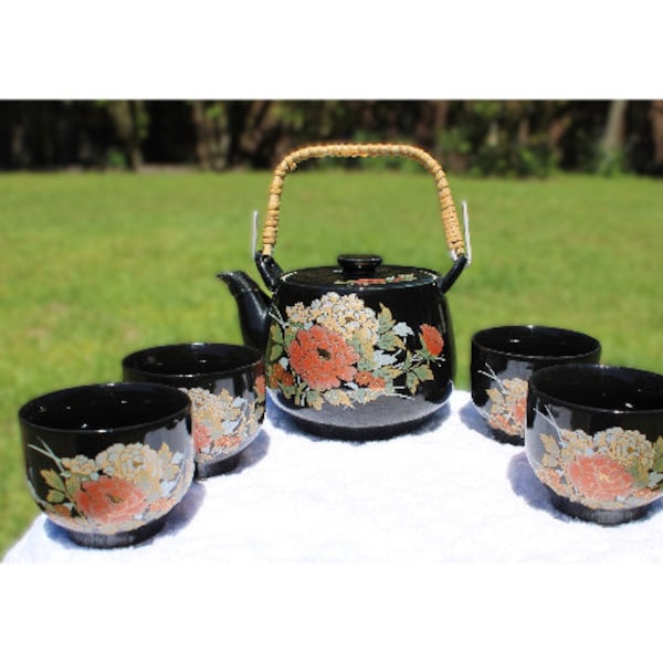 Vintage Asian Japanese Ceramic Teapot and Cups Set - Black Glaze with Floral Peony Chrysanthemum Design - Wrapped Bamboo Handle - Tea Set