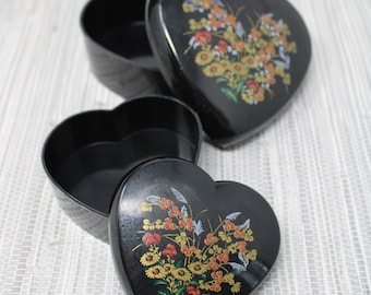 Vintage Jewelry Box, Japanese Black Lacquer W/ Hand Painting