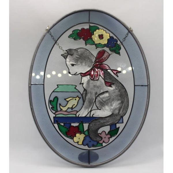 Adorable Vintage Handpainted Joan Baker Designs Sun Catcher Featuring Kitten and Fishbowl - Kitten Suncatcher - Window Hanger