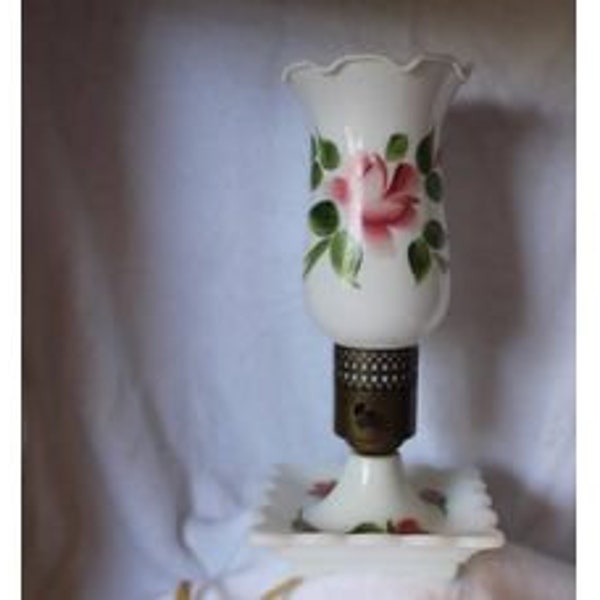 Vintage Floral Hand Painted Milk Glass Boudoir Bed Side Lamp Pink Roses - Trinket Dish Base - 1950's Milk Glass Lamp