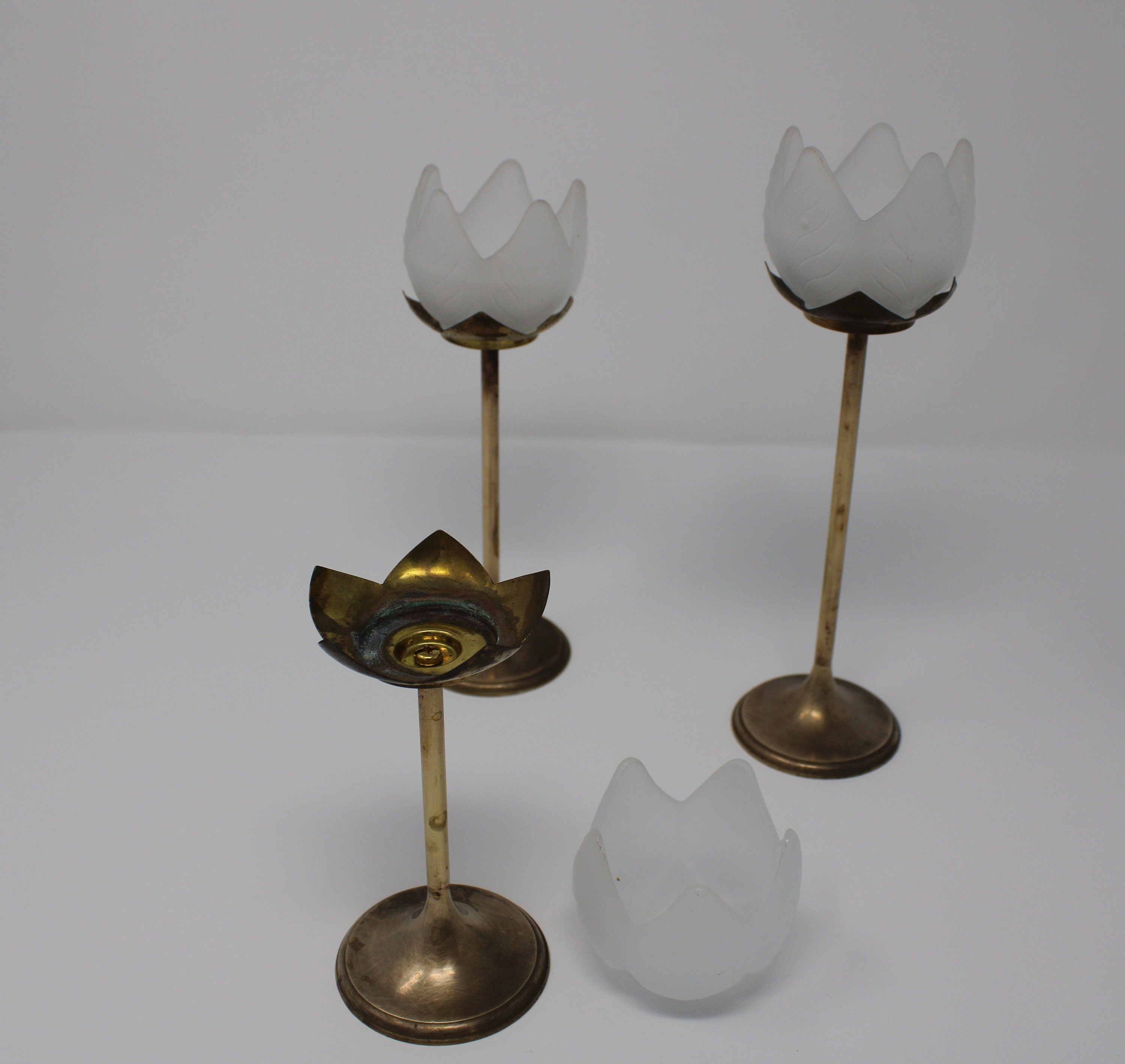 vintage turip candle holder チューリップ Vintage Brass and Frosted Glass Tulip Candle Holders - Brass