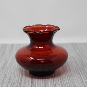Vintage Small Ruby Red Anchor Hocking Ruffled Vase - Scalloped Fluted Edge Royal Ruby Red Anchor Hocking Bud Vase