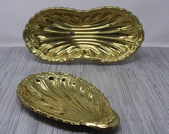 Vintage Gold Tone Scalloped Seashell Display Tray Pair Brasscrafters Brass Plated Scalloped Trinket Dish