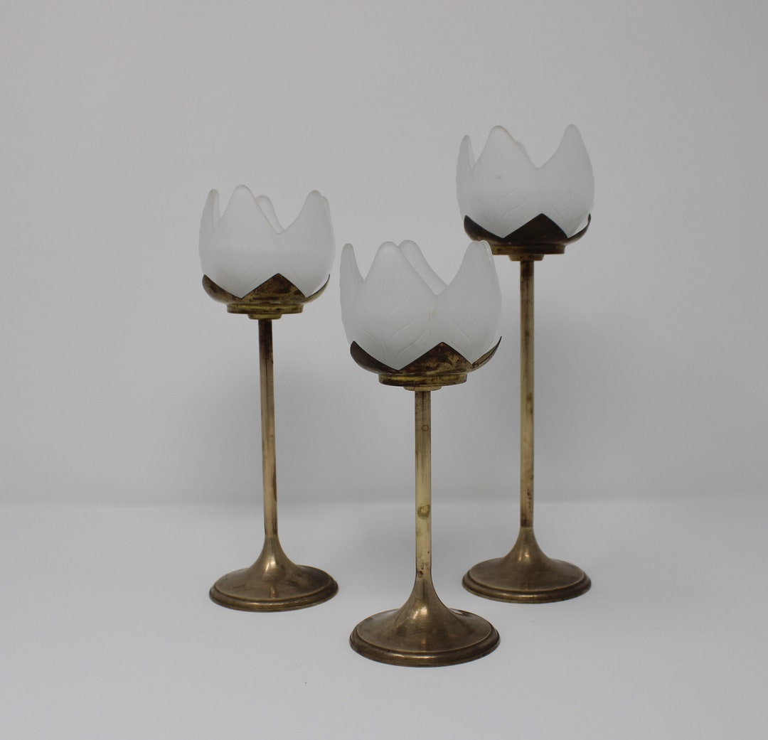 Vintage Brass and Frosted Glass Tulip Candle Holders - Brass