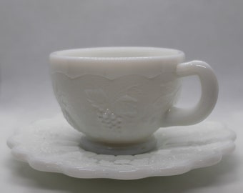 Vintage Westmoreland Milk Glass Punch Cup and Grapevine Saucer