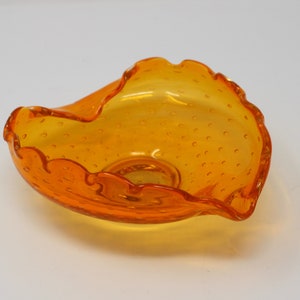 Vintage Honey Orange MCM Bullicante Murano Style Italian Blown Art Glass Ashtray - Bullicante Handblown Glass Ashtray