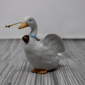 Vintage Homco Porcelain Country White Goose Christmas Ornament - Christmas White Goose with Blue Bow