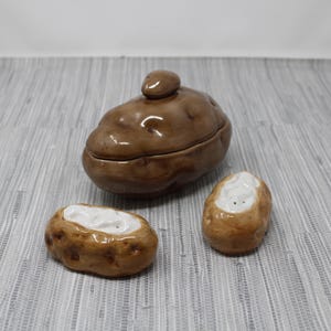 Vintage Atlantic Mold Ceramic Baked Potato with Lid Sour Cream or Butter Dish Set with Potato Shaped Salt and Pepper Shakers