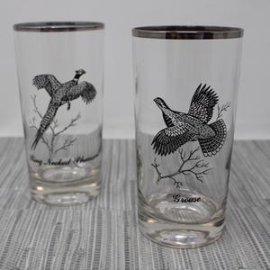 Set of 2 Vintage Barware Federal Glass Ring Necked Pheasant and Grouse Highball Glasses - Silver Rim Game Bird Cocktail Glasses - Sportsman
