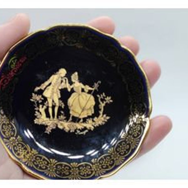 Vintage Cobalt Blue & Gold Limoges Miniature Plate ft. Courting Couple - Made in France - Miniature Trinket Plate - Butter Pads