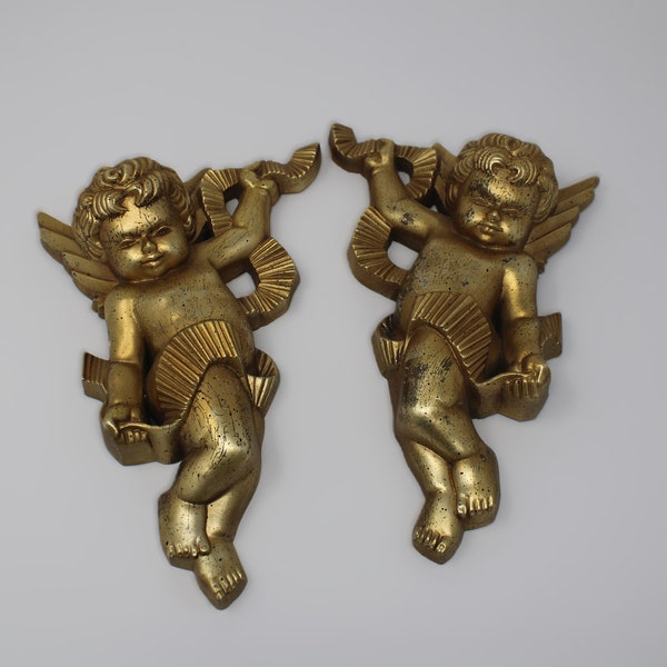 Vintage Baroque Style Cherub Wall Hangings - Set of Two - 2 Wood Wall Hanging Cherub Angels - Gold with Black Crackle - Hollywood Regency