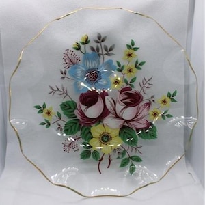 Vintage Chance Glass Hand Painted Summer Flowers Scalloped Glass Dish