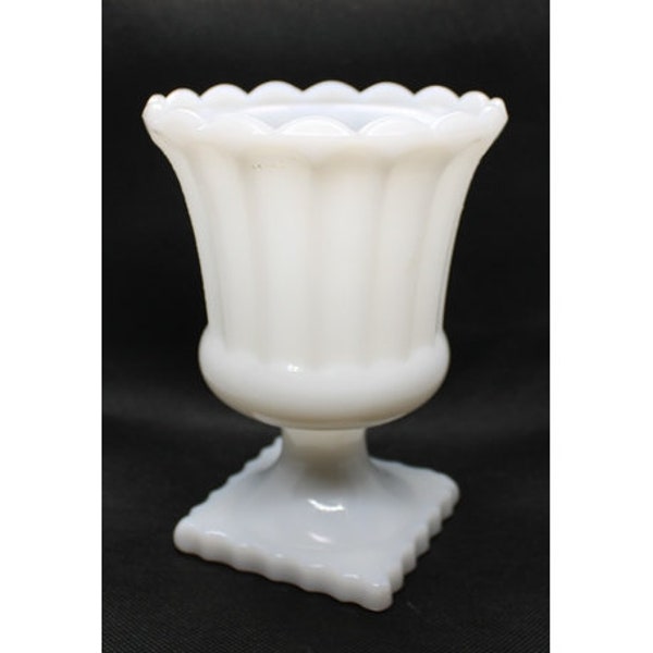 Vintage Milk Glass Compote Square Base Grecian Candy Dish - Fluted Scalloped Vase