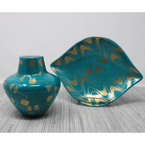 Choice of Jonathan Adler Santorini Artemis Aqua and Gold Vase -OR- Santorini Collection Iris Aqua and Gold Trinket Dish - 1994 Santorini
