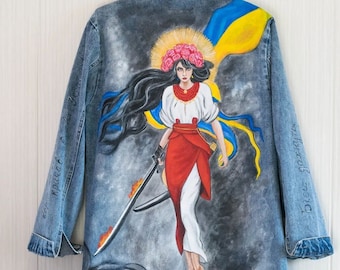 Hand Painted Denim Jacket Ukrainian Girl, Custom Denim Jacket with Art, Ukrainian Flag Color, Customized Jean Jacket, Handpainted Clothing