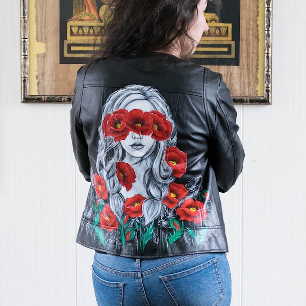 Black Leather Jacket Women with Art Print Girl, Hand Painted Custom Leather Jacket Women, Bride Leather Jacket Personalized any Design