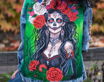 Custom Denim Jackets for Women, Oversized Painted Jean Jacket Roses, Personalized Denim Jacket Painting from Photo, Hand-Painted Denim