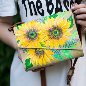 Custom Hand Painted Women Leather Bag, Boho Painted Shoulder Bag, Leather Bag with Hand Painted Flowers, Small Crossbody Bag