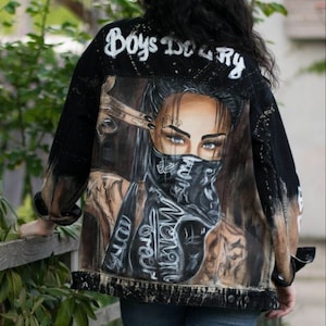 Hand Painted Denim Jacket With Gangsta Tatoo Girl, Custom Jean Jacket For Women, Personalized Women&#39;s Jacket