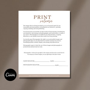 Photography Print Release Template, Form For Photographers, Print Release, Photographer Marketing Form, CANVA template, Instant download
