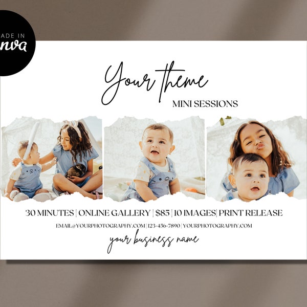 Mini Session Template, Canva, Mini session marketing, Photography marketing, Neutral mini sessions template, Editable marketing