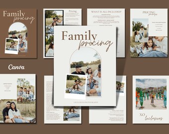 Könnte beinhalten: Eine Broschüre für Familienfotografie-Dienstleistungen. Die Broschüre hat ein modernes Design mit einem braunen und weißen Farbschema. Der Text "Family Pricing" ist in einer kursiven Schrift geschrieben und von einem braunen Bogen umgeben. Die Broschüre enthält Informationen über die Preise, was in jedem Paket enthalten ist und Beispiele für Familienfotos.