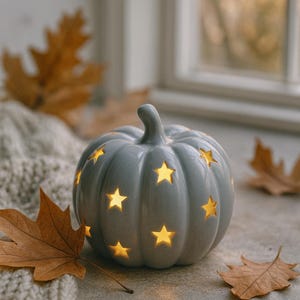May include: A grey ceramic pumpkin-shaped lantern with star cutouts. The lantern is lit, and surrounded by autumn leaves. The pumpkin has a stem and is on a textured surface. The theme is autumn decor.