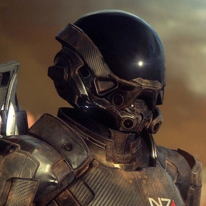 May include: A futuristic soldier wearing a black and gray helmet and armor with the text "N7" on the chest. The soldier is standing in a desert landscape.