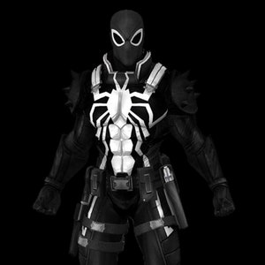 May include: A black and white action figure of a superhero wearing a black and white suit with a spider symbol on the chest.