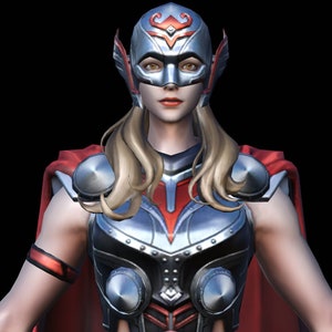 May include: A female figure wearing a red and silver costume with a cape. The costume features a helmet with a red crest and a silver mask. The figure has long blonde hair and is standing with her arms outstretched.