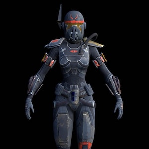 Pode incluir: Uma figura blindada preta e laranja com um capacete e uma arma. A figura está em pé em uma pose neutra com os braços ao lado do corpo.
