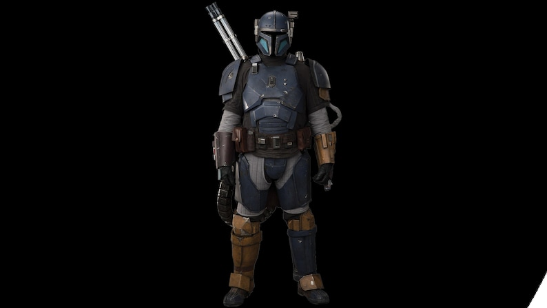 May include: A blue and gray Mandalorian helmet with a visor and a blaster rifle on the back.