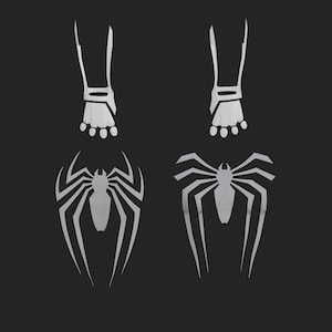 Może przedstawiać: Czarno-biała ilustracja dwóch wyrzutni pajęczyny Spider-Mana z wzorem pajęczyny pod każdym.