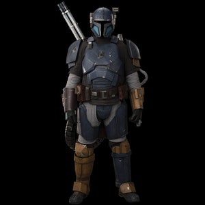 May include: A blue and gray Mandalorian helmet with a visor and a blaster rifle on the back.