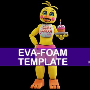 Puede incluir: Una plantilla de espuma EVA amarilla de un personaje de la serie de videojuegos Five Nights at Freddy's. El personaje sostiene una magdalena con una vela encendida. La plantilla incluye archivos PDO y PDF.