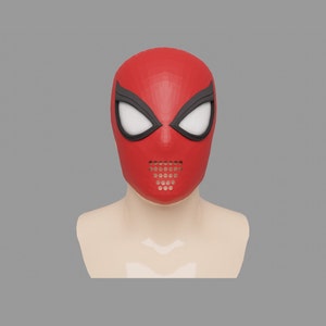 May include: A red and black Spider-Man mask with a mesh mouth and white eyes. The mask is on a white mannequin head.