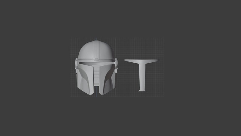 May include: A 3D printed model of a Mandalorian helmet with a stand. The helmet is white and has a visor. The stand is also white and has a T-shaped base.