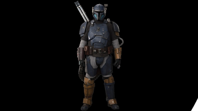 May include: A blue and gray Mandalorian helmet with a visor and a blaster rifle strapped to the back. The helmet is worn by a figure in a blue and gray suit of armor.
