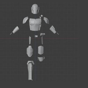 May include: A 3D model of a Mandalorian armor set, disassembled into individual pieces. The armor is made of a light gray plastic and includes a helmet, chest plate, shoulder pads, gauntlets, leg plates, and boots.