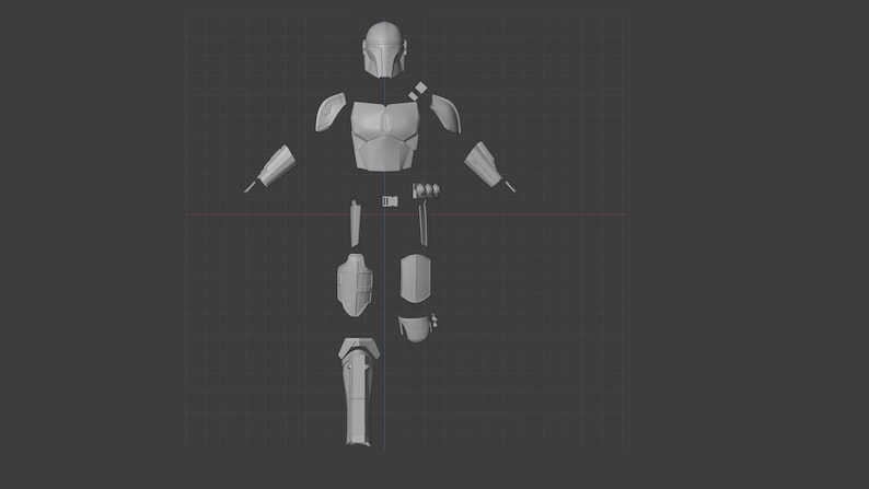 May include: A 3D model of a Mandalorian armor set, disassembled into individual pieces. The armor is made of a light gray plastic and includes a helmet, chest plate, shoulder pads, gauntlets, leg plates, and boots.