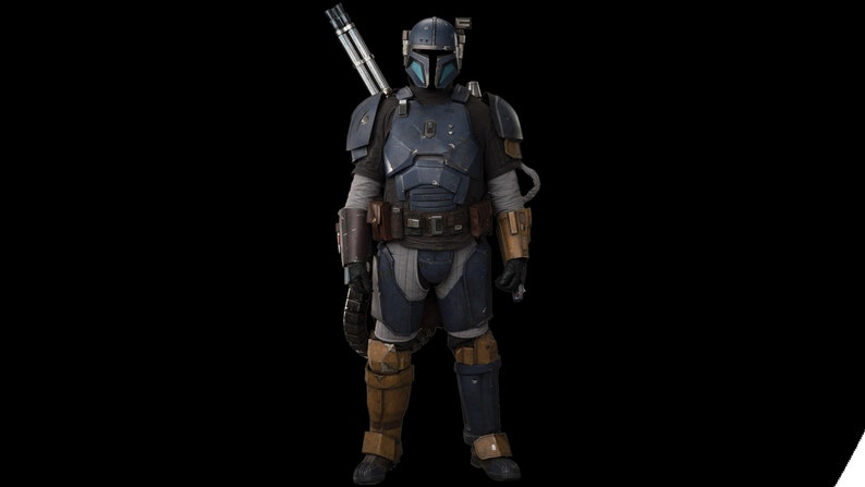 May include: A blue and gray Mandalorian helmet with a visor and a blaster rifle strapped to the back.